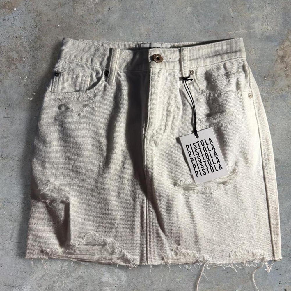 Pistola White Distressed Denim Mini Skirt Size 24 Raw Frayed Hem Ripped NWT